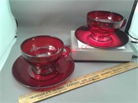2 red glass cup and saucer sets New Martinsville