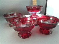4 red footed sherbet Georgian glass bowls 2 3/4"