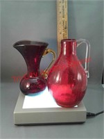 2 red handmade Art Deco pitchers crackled glass