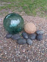 Lot Of Large Glass Ball, Tan Patterned Orb & Rocks