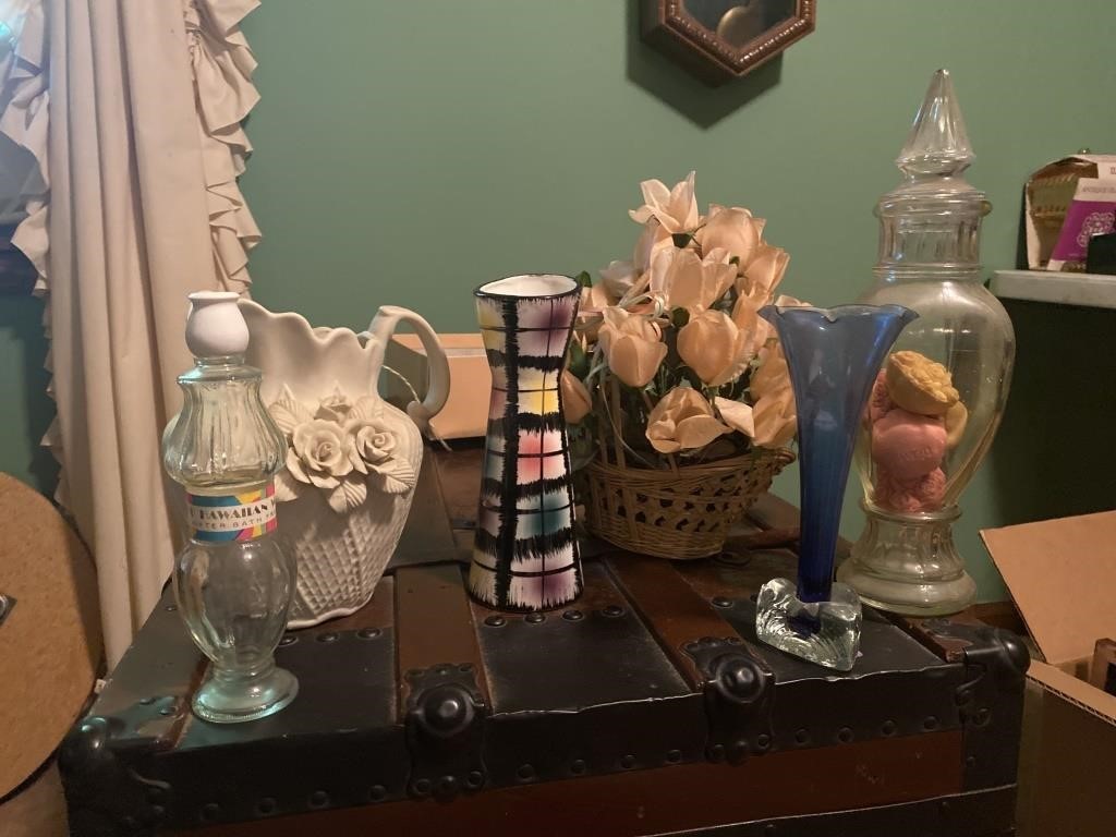 Bud Vases, Avon bottle, pitcher, etc