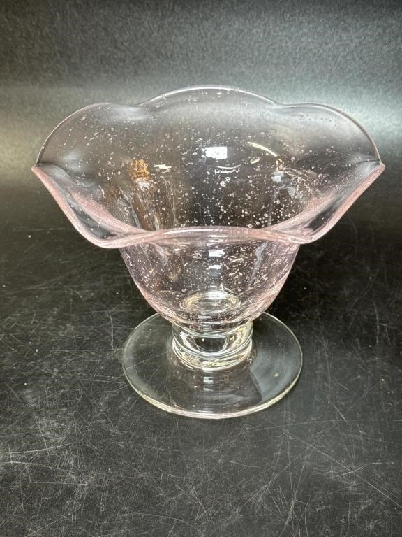 Blown PINK Hand Blown Seeded  Pedestal Bowl 6