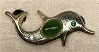 Dolphin figural brooch set w/ jade - 1 3/8" long