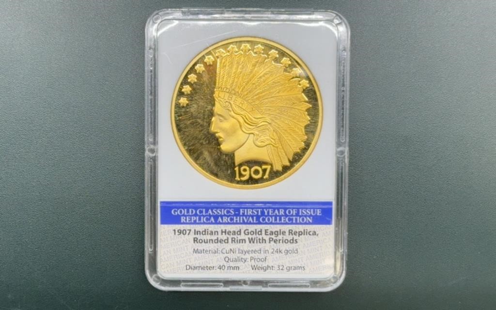 Gold-Plated 1907 Indian Head Gold Eagle Replica