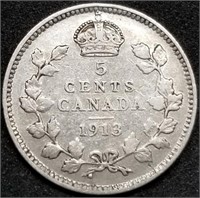 1913 Canada 5 Cents Silver Half Dime, Nice