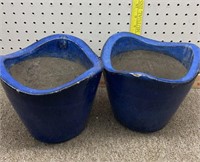 Two blue pottery flower pots