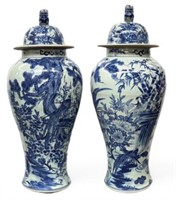 Pr. of Very Large Blue & Grey Ginger Jars w/Stands
