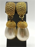 1980's HUGE Acrylic Gold Tone Pearl Earrings