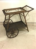 Brown Paint Wicker Tea Cart w/ Glass Bottom Tray