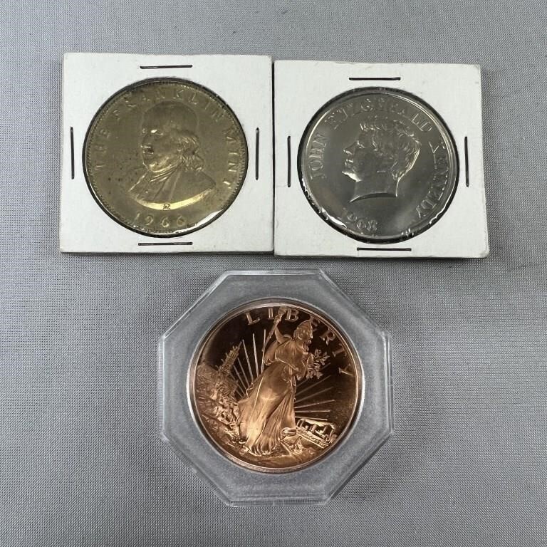 (3) Coins/Medals- 1966 Franklin Mint; 1968 JFK Med