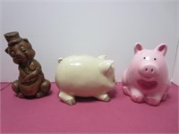 3 VTG Ceramic Pigs Piggy Bank NEW Kitchen Scrub