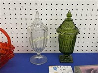 TWO VINTAGE PEDESTAL CANDY JARS WITH LIDS