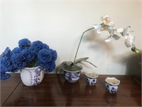 Blue & White Porcelains & Floral Arrangements