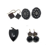 Victorian Earrings Black Glass Onyx Shell Pendant