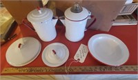 Red & white enamelware coffee pots more