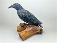Hand Carved Crow on Cedar Stand