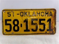 Black on Yellow 1951 Oklahoma License Plate