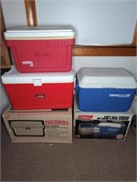 (3) PICNIC COOLERS, THERMOS, COLEMAN