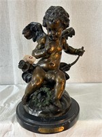 After Houdon Bronze Statue Seated Cupid w/Bow