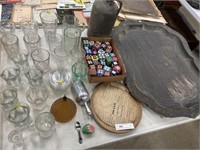 Toleware Platter, Drinking Glasses, Candy Scoop,