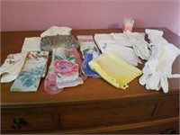 VARIETY OF HANKIES,  GLOVES, AND AN EVENING PURSE