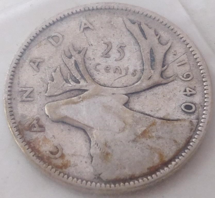 1940 Silver Canadian 25 Cent Coin