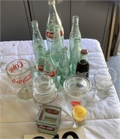 Coca Cola bottles - 9 - 1 full, glass, goblet,