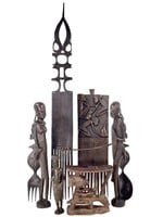 9 African Carved Wood Figures, Combs, Utensils +