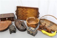 10 Carved Wooden Boxes, Trays, Sculptures+