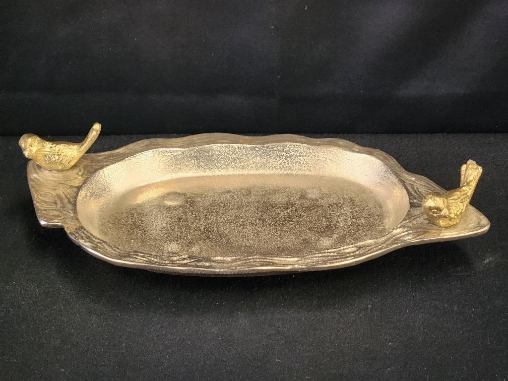 CAST ALUMINUM SERVING TRAY W/ BRASS COLORED BIRDS