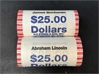 Two $25 Rolls Presidential US Dollars