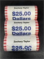 Three $25 Rolls Presidential US Dollars