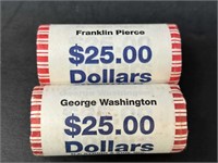 Two $25 Rolls Presidential US Dollars