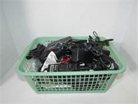 Box of various cords, chargers, audio, visual etc