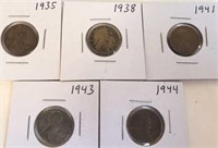 1935, 1938, 1941, 1943, 1944 Lincoln Wheat Pennies