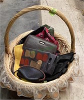 A large basket of wallets and small make up bags.