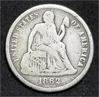 1862 Seated Liberty Silver Dime Nice