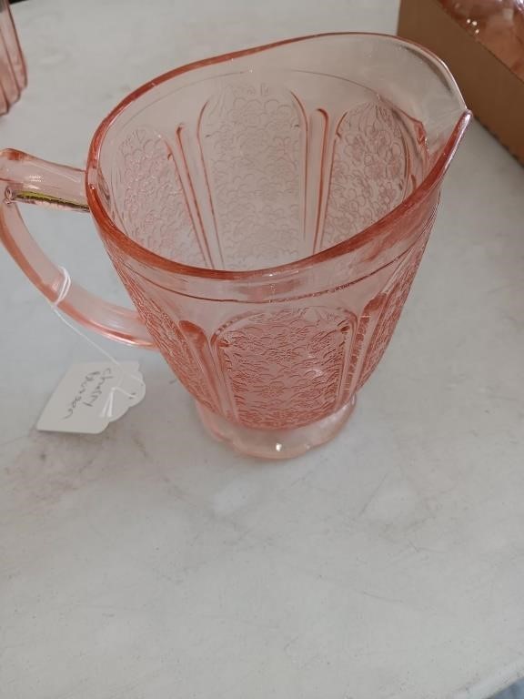 Pink depression glass cherry blossom pitcher 7"