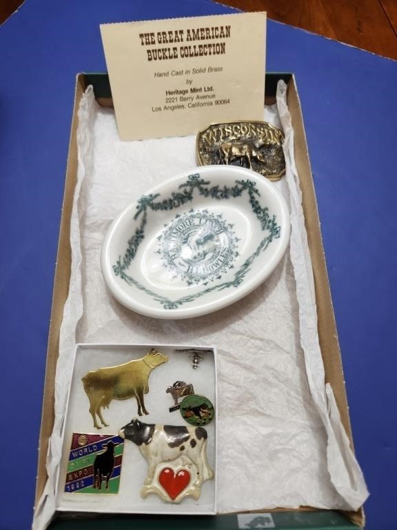 Cow soap dish, brass belt buckle & assorted pins