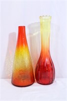 Pair MCM Amberina Crackle+Glass Vases