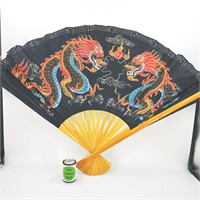 Large Hand Painted Cloth & Wood Fan