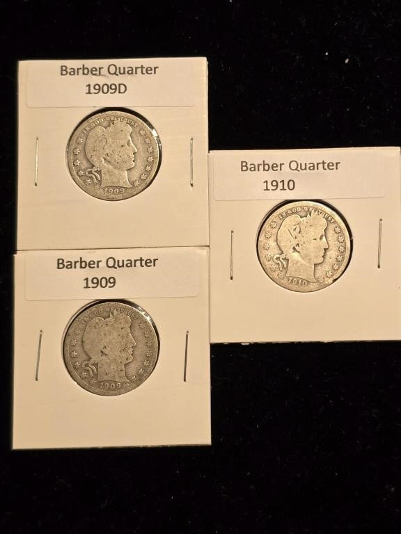 Various Dates Barber Quarter (3) 1909, 1909D, 1910