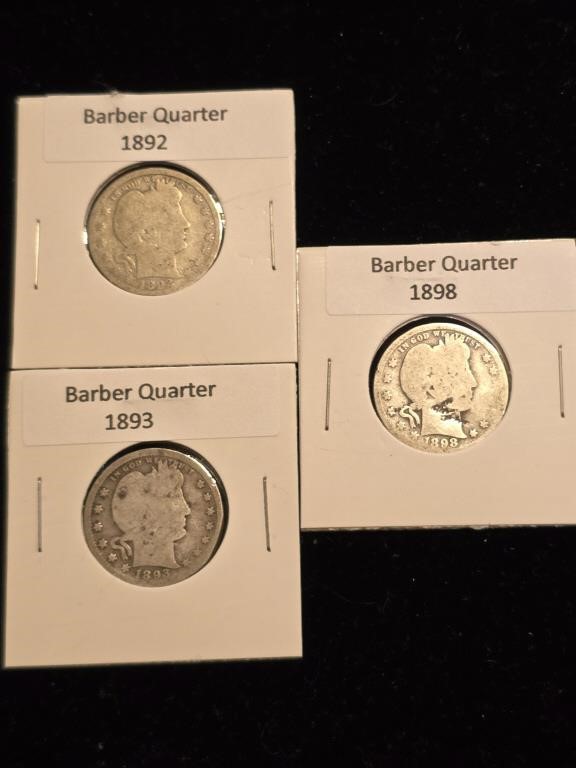 Various Dates Barber Quarter (3) 1892, 1893, 1898