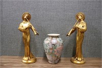 Vintage Toyo Vase with Gold Leaf & 2 Tall Statues