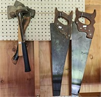 2 hatchets,1 hammer and 2 hand saws.