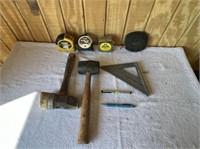 BOX LOT: HAMMERS, TAPE MEASURES, SQUARE, LEVEL