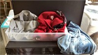 Under the bed tote, Jacket 1x, Red coat 1x &