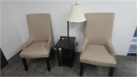 2 Tan Chairs w/ End Table & Lamp