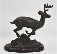 Bronze Stag Statue On Wood Base
