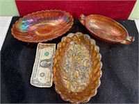 *3 OVAL CARNIVAL GLASS DISHES